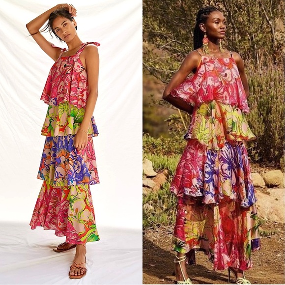 NWT ANTHROPOLOGIE X ROOPA PEMMARAJU Floral Square Neck Tier Ruffle Maxi Dress L - Picture 1 of 7
